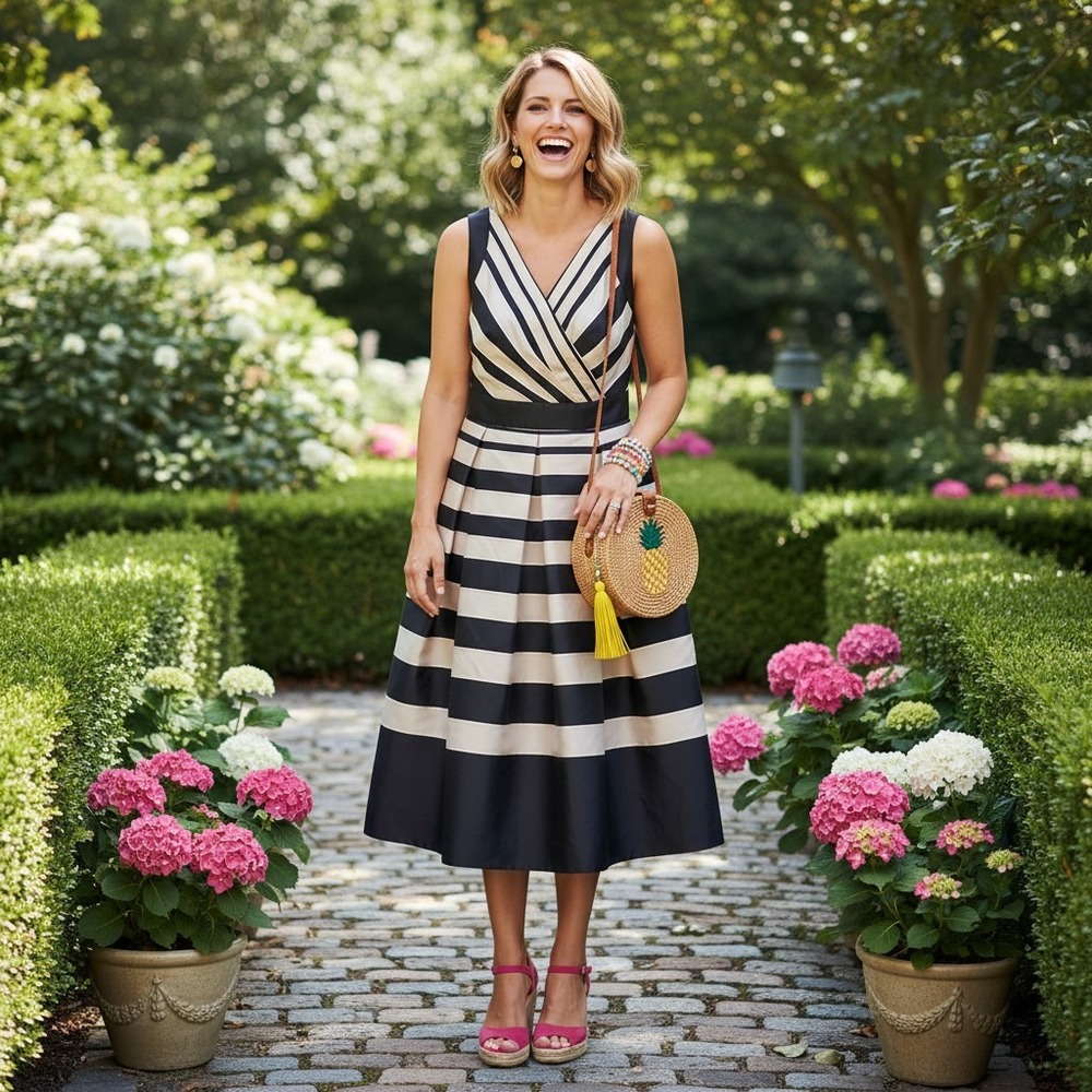 Womens 6 Striped Fit & Flare Lined Dress Sleeveless Wedding Cocktail Gabby Skye